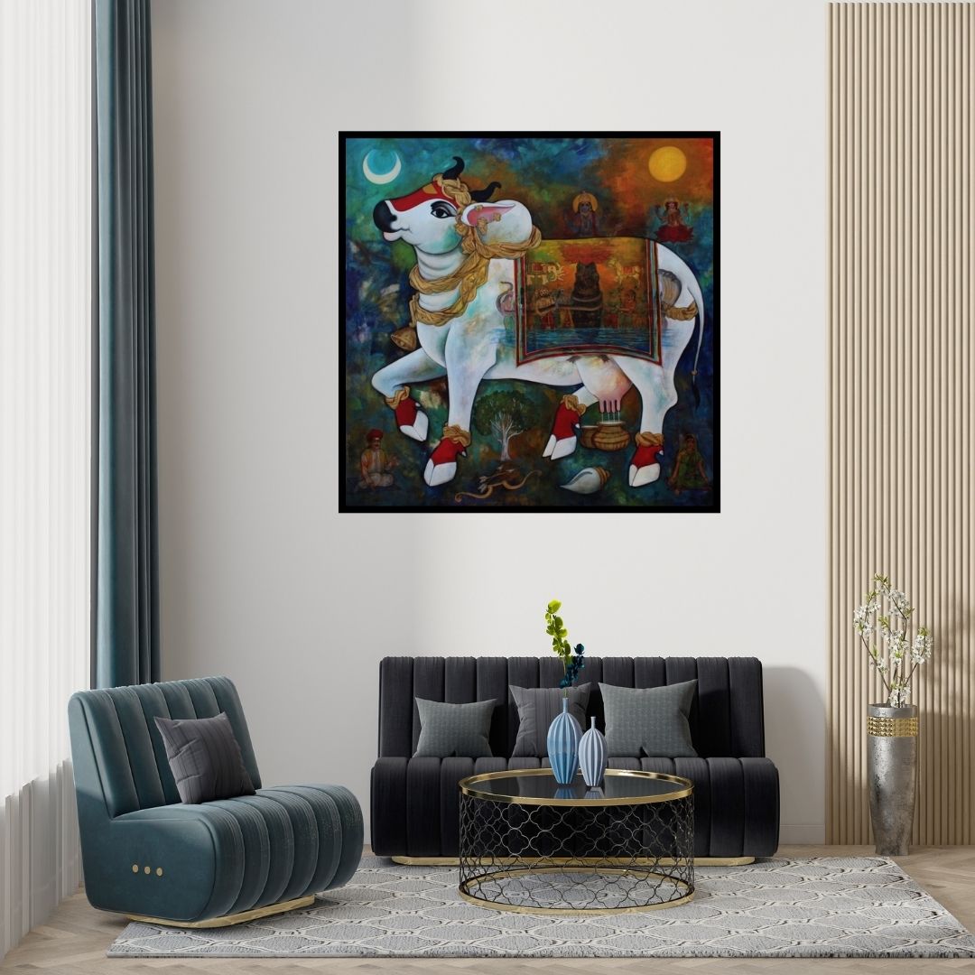 Preview of 'Kamadhenu (The Divine Cow)' Painting by N P Rajeshwarr shown on a wall in a furnished room.