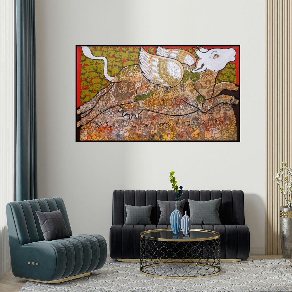 Ramesh Gorjala's 'Kamadhenu (Kamadhenu, the Celestial Cow)' painting visualized above a sofa in a contemporary room.