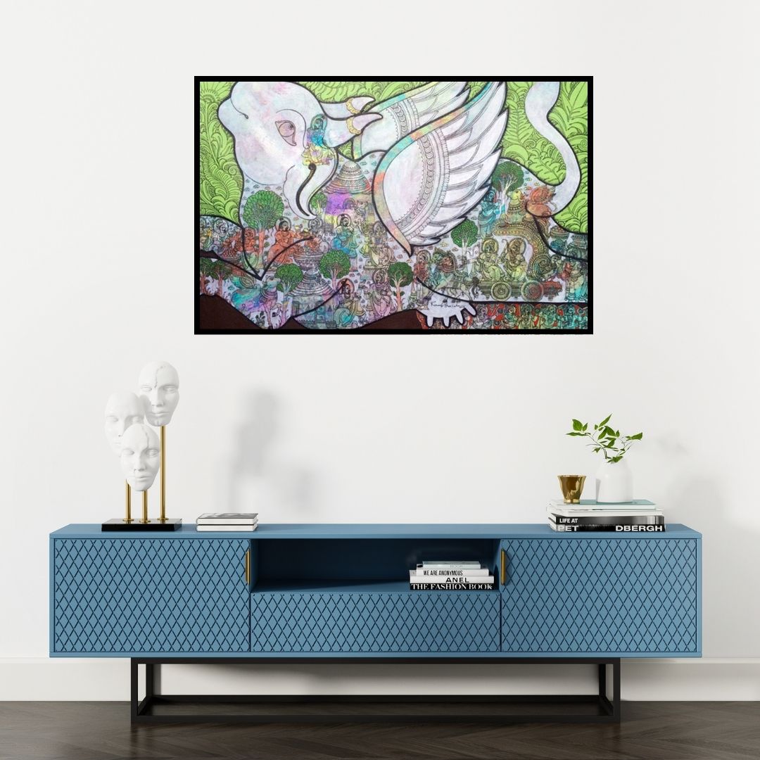 Preview of 'Kamadhenu (Celestial Cow)' Painting by Ramesh Gorjala shown on a wall in a furnished room.