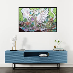 Preview of 'Kamadhenu (Celestial Cow)' Painting by Ramesh Gorjala shown on a wall in a furnished room.