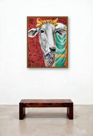 Kamadhenu by artist Rohit Sharma displayed in a Japandi Dining Room