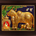 Religious tanjore traditional art titled 'Kamadhenu Gold Tanjore Painting', 18x24 inches, by artist Myangadi Tanjore on Plywood