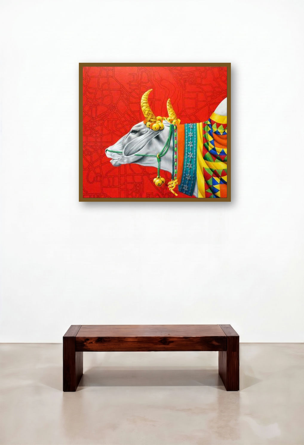 Kamadhenu Iii by artist Rohit Sharma displayed in a Japandi Hotel Suite
