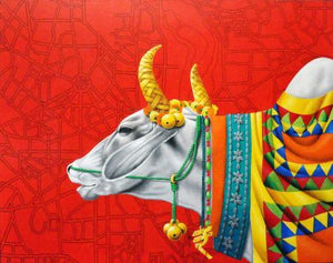 Kamadhenu Iii by Rohit Sharma, Original Acrylic Photorealistic Painting on Canvas, Large Horizontal Wall Art