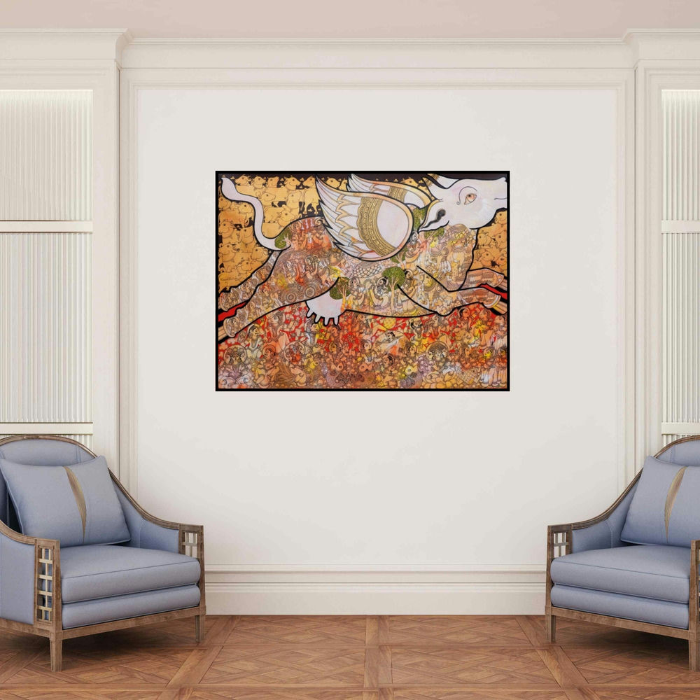 'Kamadhenu (Sacred Cow)' painting by Ramesh Gorjala shown on a wall in a furnished room.