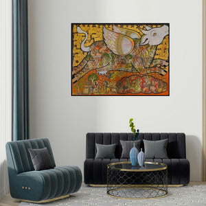 Ramesh Gorjala's 'Kamadhenu (Sacred Cow)' painting visualized above a sofa in a contemporary room.