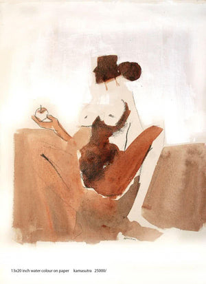 Kamasutra Nude Couple 2 (Forbidden Knowledge) by Arun K Mishra, Original Watercolor Erotic Painting on Paper, Small Vertical Wall Art