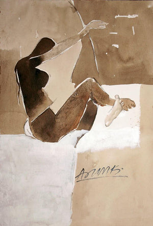 Kamasutra Nude Pose (Contemplation) by Arun K Mishra, Original Watercolor Erotic Painting on Paper, Small Vertical Wall Art
