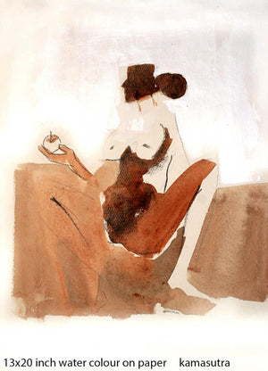 Kamasutranude Couple 4 (Forbidden Fruit) by Arun K Mishra, Original Watercolor Erotic Painting on Paper, Small Vertical Wall Art