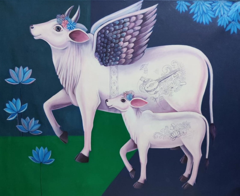 Kamdenu Auspicious Melodies' religious acrylic painting by artist Ganesha Chary, 36x45 inch, on canvas