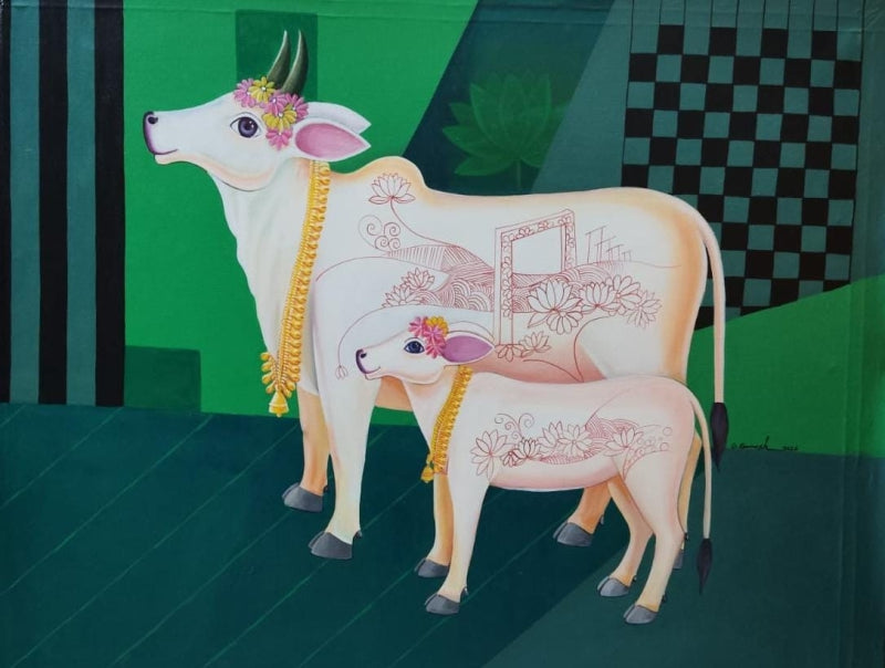 Kamdenu Celebrity' religious acrylic painting by artist Ganesha Chary, 38x47 inch, on canvas
