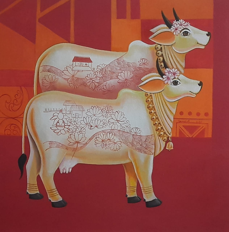 Kamdenu Divine Grandeur' religious acrylic painting by artist Ganesha Chary, 24x24 inch, on canvas