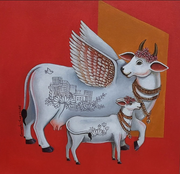 Kamdenu Rise Of Abundance' religious acrylic painting by artist Ganesha Chary, 15x15 inch, on canvas