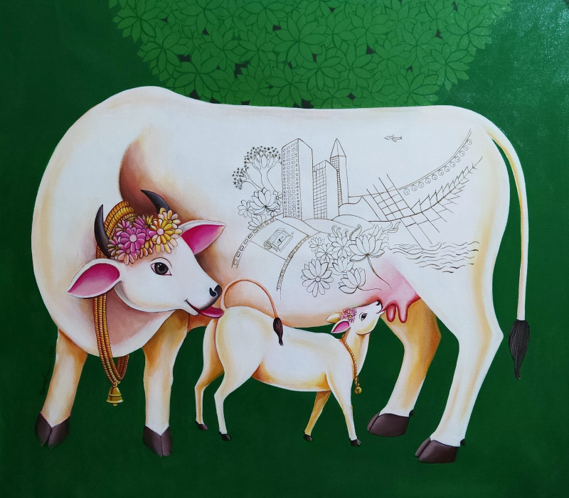 Kamdenu Shaping Tomorrow' religious acrylic painting by artist Ganesha Chary, 38x47 inch, on canvas