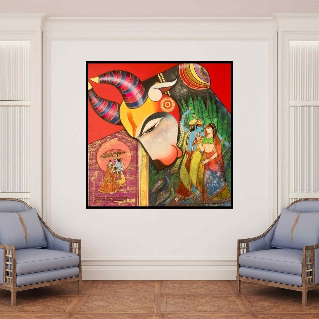 In-situ view of Ashok Rathod's 'Kamdhenu 1 (Nandi's Divine Vision)' painting in a room