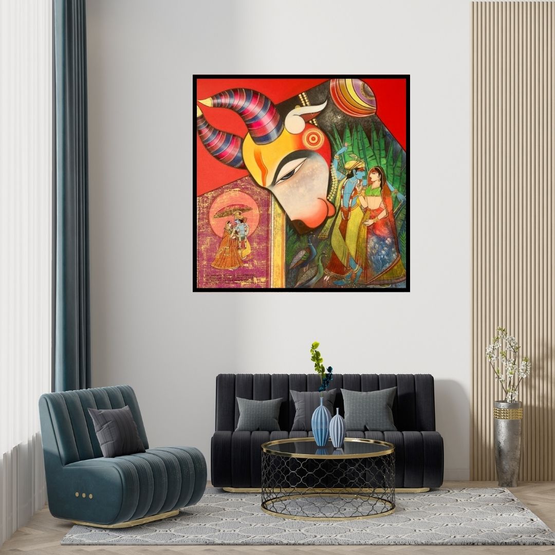 Preview of 'Kamdhenu 1 (Nandi's Divine Vision)' Painting by Ashok Rathod shown on a wall in a furnished room.