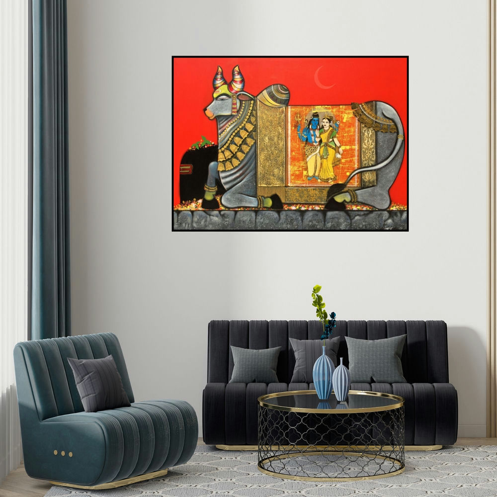 Ashok Rathod's 'Kamdhenu (Nandi's Divine Vision)' painting visualized above a sofa in a contemporary room.