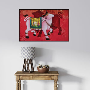 In-situ view of Paras Parmar's 'Kamdhenu (Sacred Cow (Pichwai Style))' painting in a room