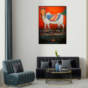 Paramesh Paul's 'Kamdhenu' painting visualized above a sofa in a contemporary room.