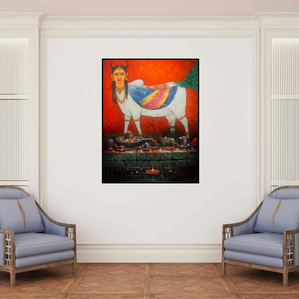 'Kamdhenu' painting by Paramesh Paul shown on a wall in a furnished room.
