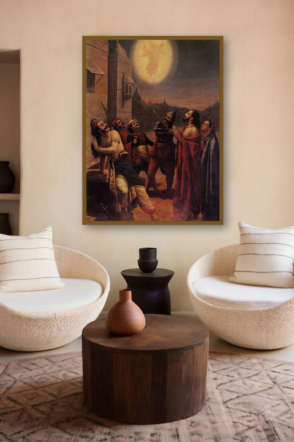 Kamsa Maya (Arjunas Divine Revelation) by artist Raja Ravi Varma displayed in a Contemporary gallery