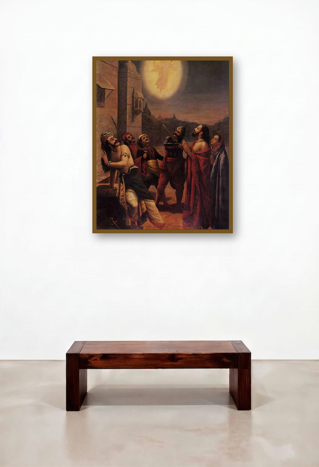 Kamsa Maya (Arjunas Divine Revelation) by artist Raja Ravi Varma displayed in a Traditional Home Office
