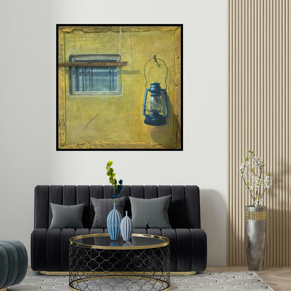 Gopal Pardeshi's 'Kandil (A Glimpse of the Past)' painting visualized above a sofa in a contemporary room.