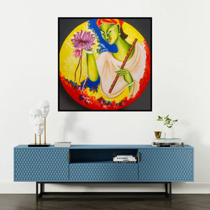 'Kanha (Krishna and the Lotus)' painting by Deepali Mundra shown on a wall in a furnished room.