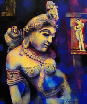 Religious acrylic painting titled 'Kanishka', 36x30 inches, by artist Devendra Nimbargikar on Canvas