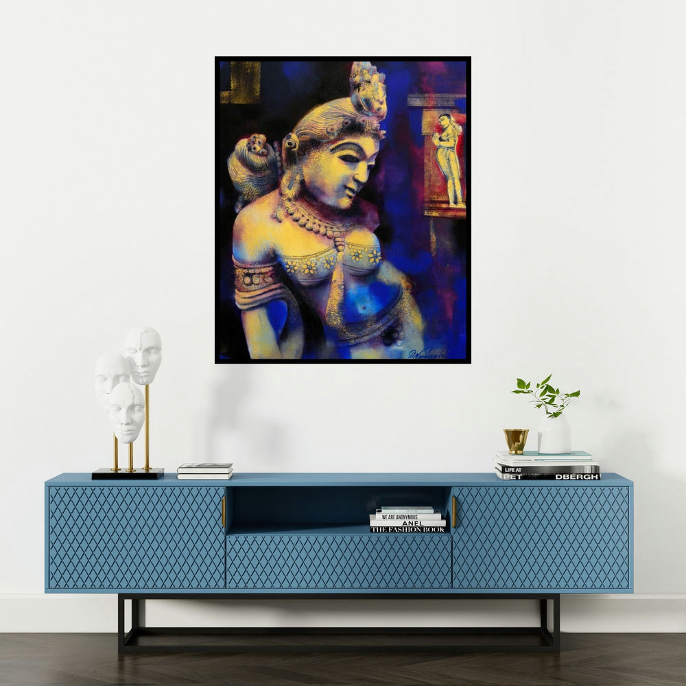 Devendra Nimbargikar's 'Kanishka (Sanctuary of the Divine)' painting visualized above a sofa in a contemporary room.
