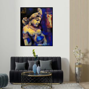 'Kanishka (Sanctuary of the Divine)' painting by Devendra Nimbargikar shown on a wall in a furnished room.
