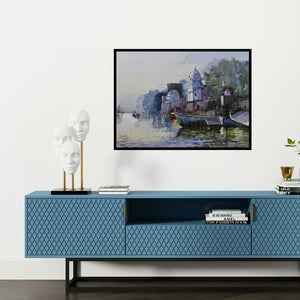 Preview of 'Kanpur Ghat (Untitled)' Painting by Bijay Biswaal shown on a wall in a furnished room.
