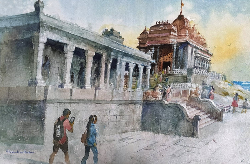Kanyakumari Vivekanada Rock' religious watercolor painting by artist Sankara Babu, 11x17 inch, on paper