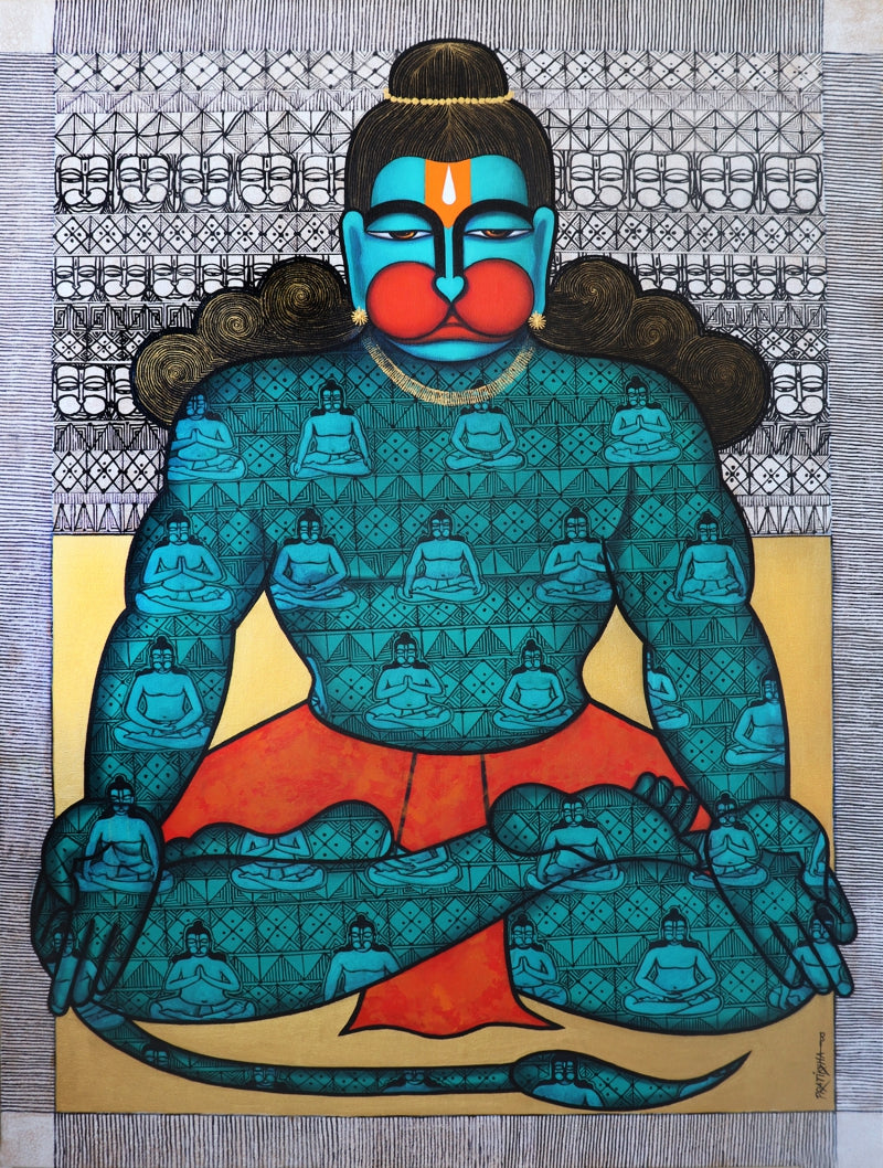 Kapeeshwar Lord Of The Monkey 3' religious acrylic-charcoal painting by artist Pratiksha Bothe, 48x36 inch, on canvas