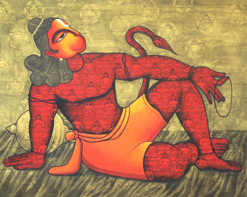 Kapeeshwar Lord Of The Monkeys 2' religious acrylic-charcoal painting by artist Pratiksha Bothe, 48x60 inch, on canvas