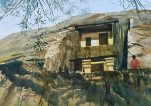 Karle Caves (Village on the Hillside) by Abhijit Jadhav, Original Watercolor Cityscape Painting on Paper, Small Horizontal Wall Art