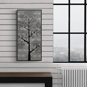 Preview of 'Karvabham' Painting by Sumit Mehndiratta shown on a wall in a furnished room.