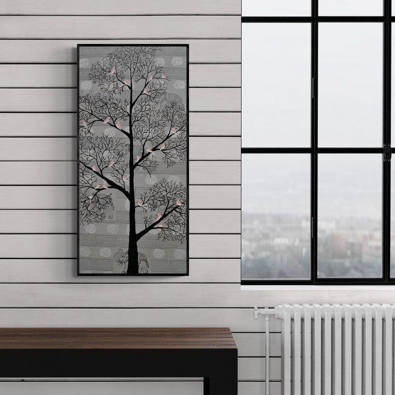 Preview of 'Karvabham' Painting by Sumit Mehndiratta shown on a wall in a furnished room.