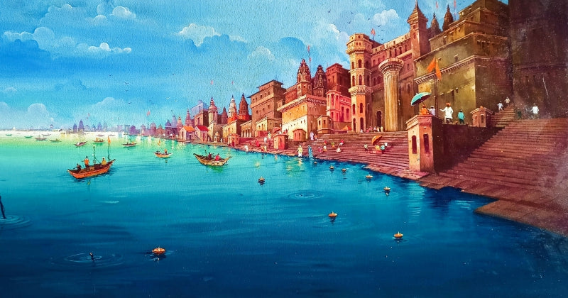 Kashi Ghat' religious acrylic painting by artist Yogesh Lahane, 30x60 inch, on canvas
