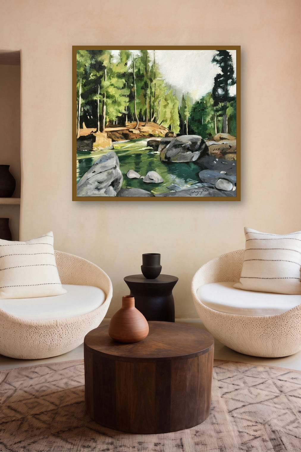 Kashmir (Tranquil Forest Stream) by artist Shagufta Mehdi displayed in a Indian Art gallery