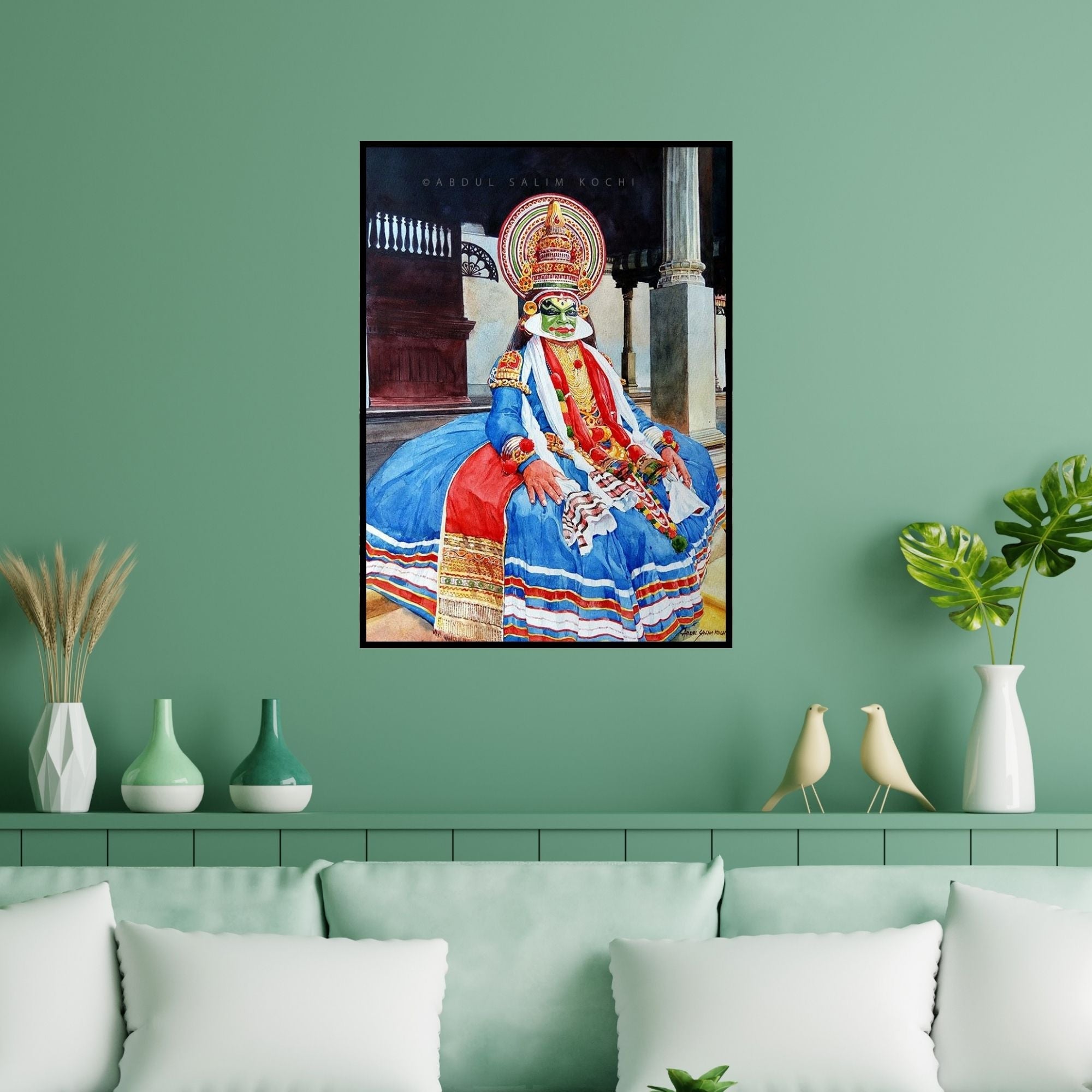 Preview of 'Kathakali (Expressions of Kathakali)' Painting by Abdul Salim shown on a wall in a furnished room.