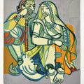 Figurative serigraphs painting titled 'Kathiawadi Couple', 40x34 inches, by artist Jyoti Bhatt on Paper