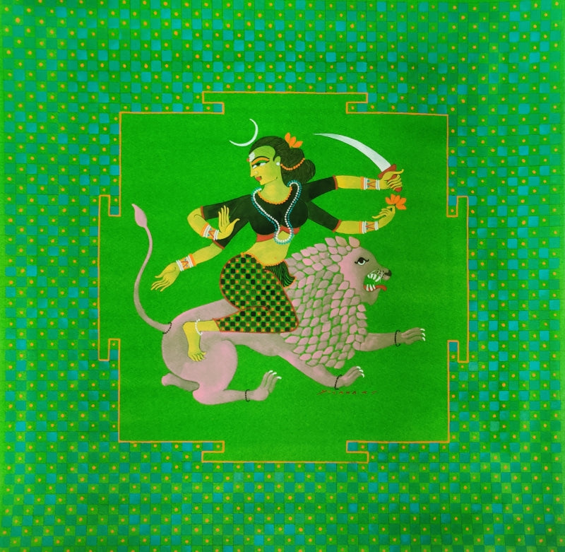 'Katyayani' religious mixed-media painting by artist Yojana Dehankar, 22x22 inch, on paper