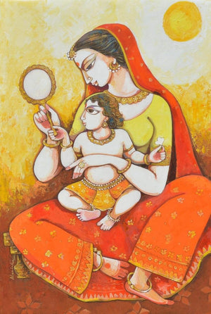 Kaushlya Ke Ram by Manisha Srivastava, Original Acrylic Figurative Painting on Canvas, Medium Vertical Wall Art