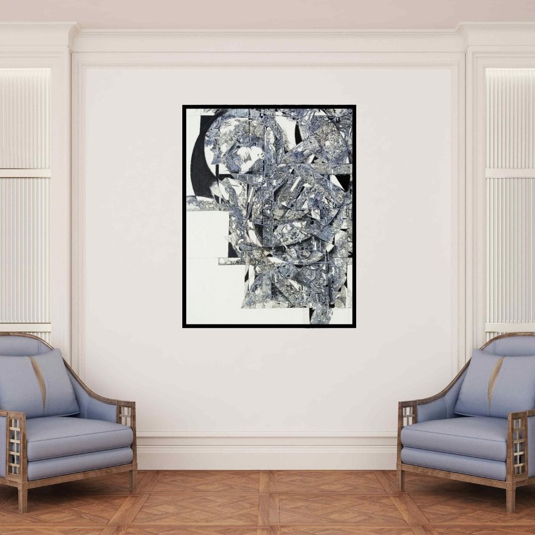 In-situ view of Tabassum Yusuf's 'Kayanat (Urban Geometry)' painting in a room