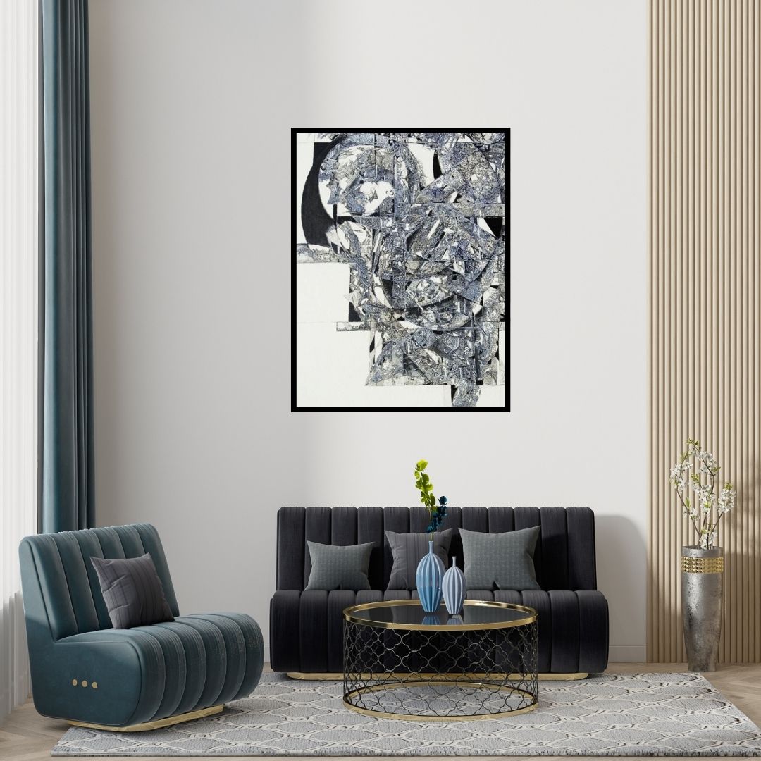 Preview of 'Kayanat (Urban Geometry)' Painting by Tabassum Yusuf shown on a wall in a furnished room.