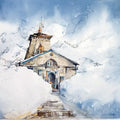 Religious watercolor painting titled 'Kedarnath India', 21x14 inches, by artist Milind Bhanji on Paper