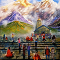 Religious acrylic painting titled 'Kedarnath Yatra', 42x36 inches, by artist Arjun Das on canvas