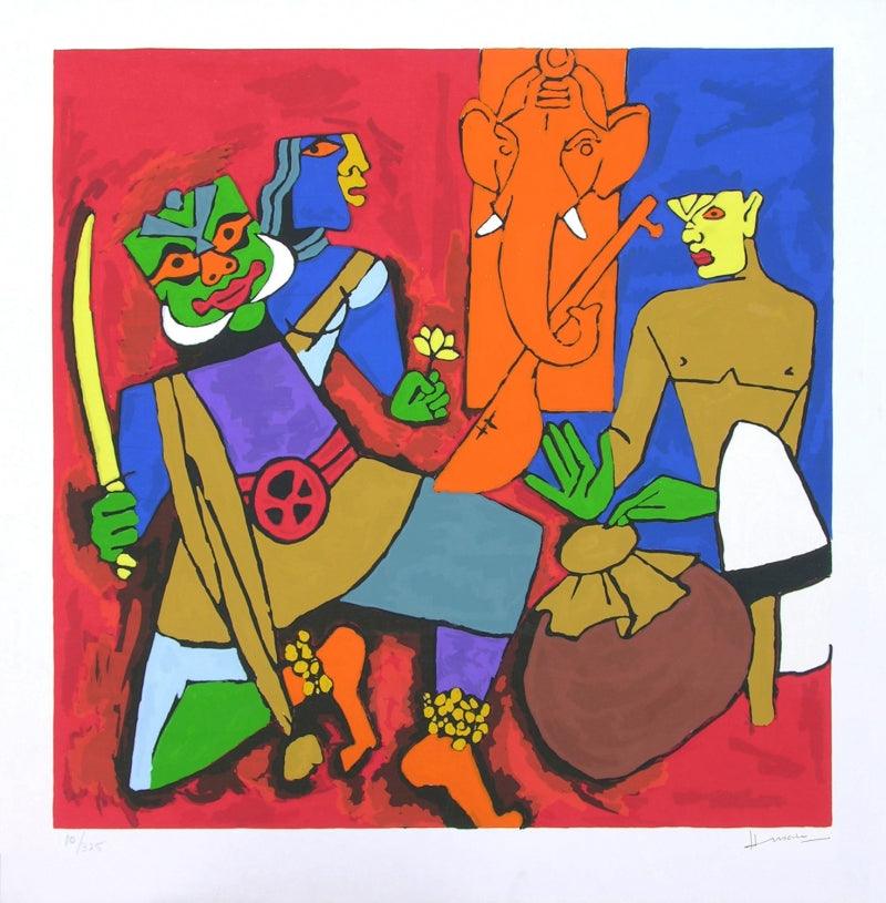 Figurative serigraphs painting titled 'Kerala 1', 41x40 inches, by artist M. F. Husain on Paper