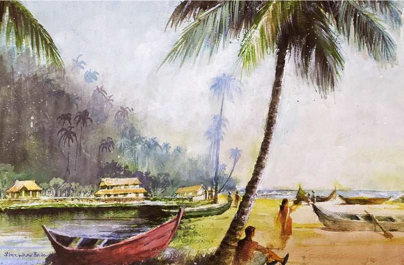 Kerala Beach Resort' cityscape watercolor painting by artist Sankara Babu, 11x17 inch, on paper